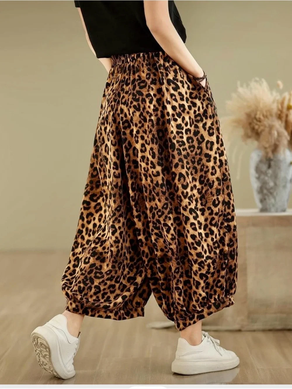 Leopard Print Wide Leg Women's Pants - Brown